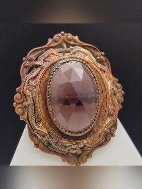 Antique Victorian Gilt Brooch Large Faceted Amethyst Glass Rococo Scrollwork
